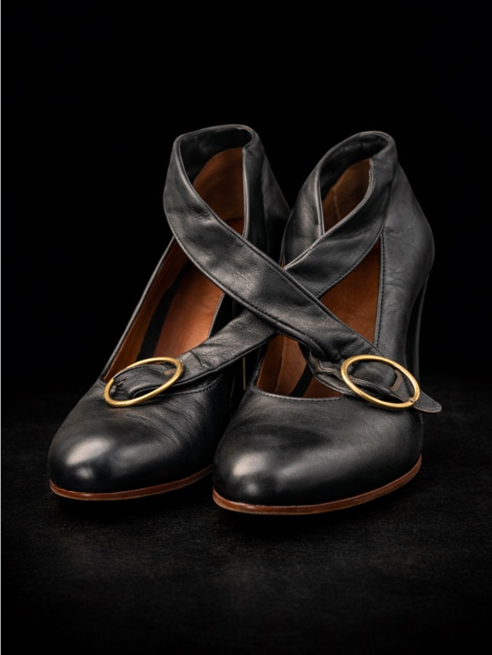 Chie Mihara Black Leather Heels Size 41 (US 10) Cross Strap Pumps Made in Spain